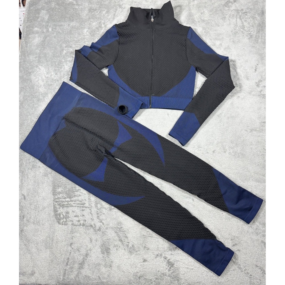 Women's 2 Piece Seamless Gym Set Jacket & Leggings Blue Black